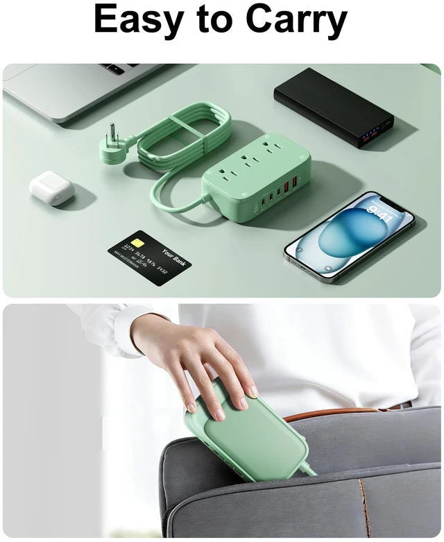 Alt view image 6 of 7 - 8-in-1 Flat Plug Power Strip, 85W PD USB C Desktop Charging Station Green Extension Cord Outlet Extender with 3 AC Outlets, 3 USB-C and 2 USB-A Ports for Laptop/Phone and More