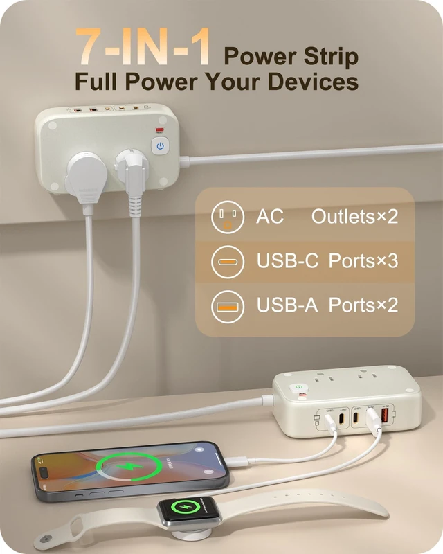 Alt view image 2 of 7 - Travel Power Strip with PD65W Fasting Charging 7-in-1 USB C Charging Station, 5FT Extension Cord with Multiple Outlets with USB C/A 2500W AC Outlet for Home/Office/College/Travel