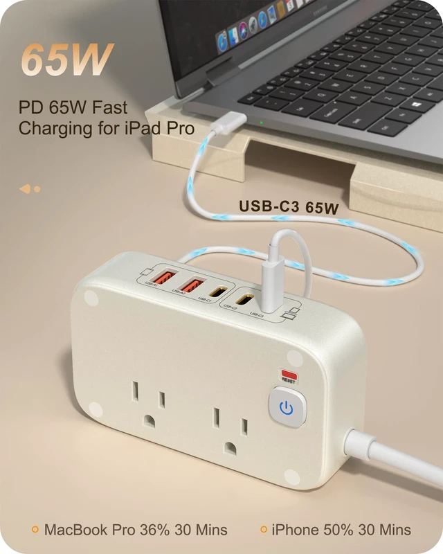 Alt view image 3 of 7 - Travel Power Strip with PD65W Fasting Charging 7-in-1 USB C Charging Station, 5FT Extension Cord with Multiple Outlets with USB C/A 2500W AC Outlet for Home/Office/College/Travel