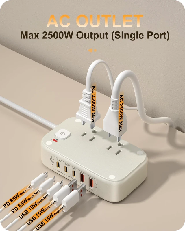 Alt view image 4 of 7 - Travel Power Strip with PD65W Fasting Charging 7-in-1 USB C Charging Station, 5FT Extension Cord with Multiple Outlets with USB C/A 2500W AC Outlet for Home/Office/College/Travel
