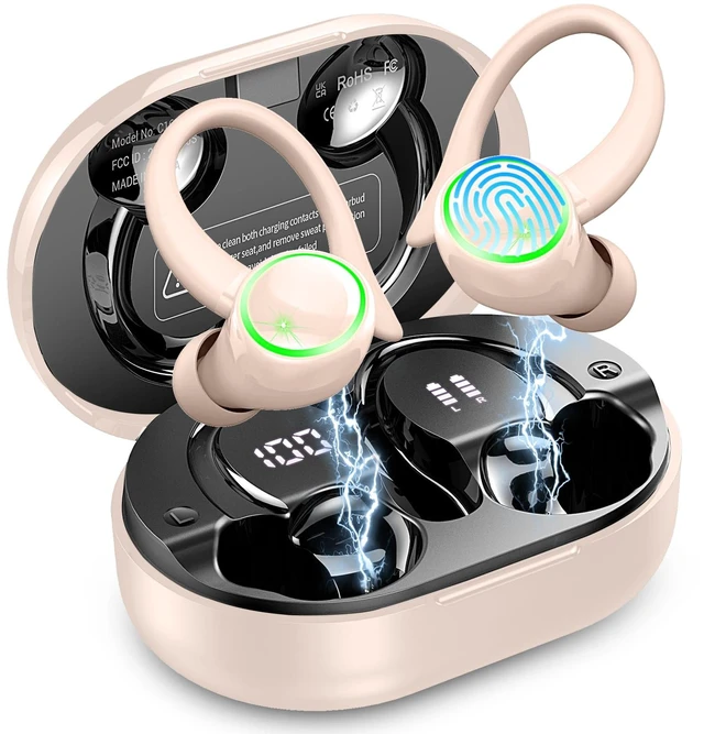 Main image of Wireless Earbuds, Bluetooth 5.4 Headphones Sports, 50H Playback Over-Ear Buds with ENC Noise Cancelling Mic, 3D HiFi Stereo Fitness Earphones with Earhooks, IP7 Waterproof Headset for Runing