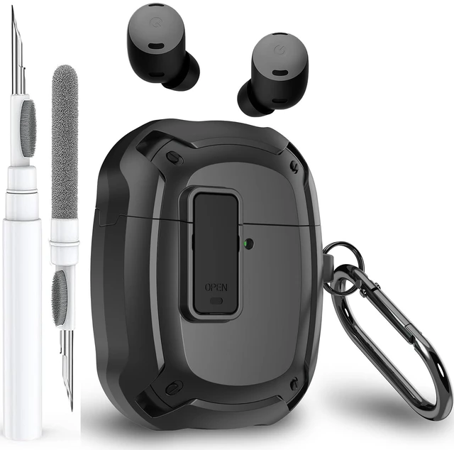 Main image of for Google Pixel Buds Pro 2/Pro Case Cover with Lock Clip & Cleaner Pen 2024/2022, Shockproof Protective Hard Shell Skin with Carabiner Men Women - Black