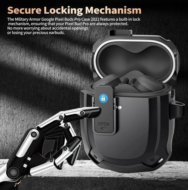 Alt view image 2 of 7 - for Google Pixel Buds Pro 2/Pro Case Cover with Lock Clip & Cleaner Pen 2024/2022, Shockproof Protective Hard Shell Skin with Carabiner Men Women - Black