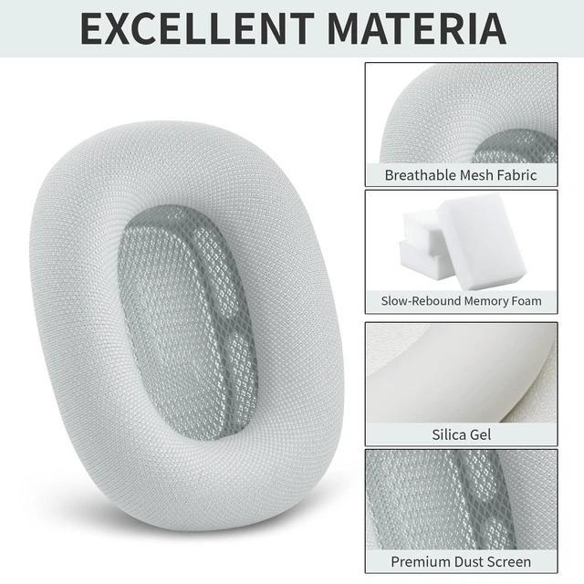 Alt view image 3 of 7 - Replacement Ear Cushions for Apple AirPods Max 1 & 2 Upgraded Memory Foam Pads with Durable Fabric,Sound Insulation and Noise Reduction,Strong Magnetic Fit,Sweat-Resistant, Breathable Comfor(Silver)