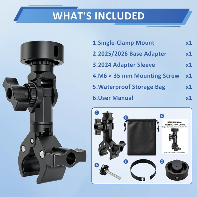 Alt view image 7 of 7 - Starlink Mount for Starlink Mini, Single-Clamp Pole Mount Kit for RV Lightweight aluminum & reinforced nylon mount with universal 1/4"-20 threads for RV, camping & travel