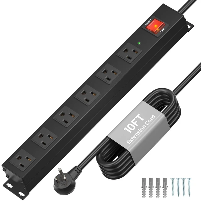 Main image of 6 Outlet Metal Wall Mount Power Strip, 2100J Surge Protection Heavy Duty Power Strip, 15A/1875W Mountable Power Strips with Upgraded Switch, 14AWG 10FT Power Cord, Black