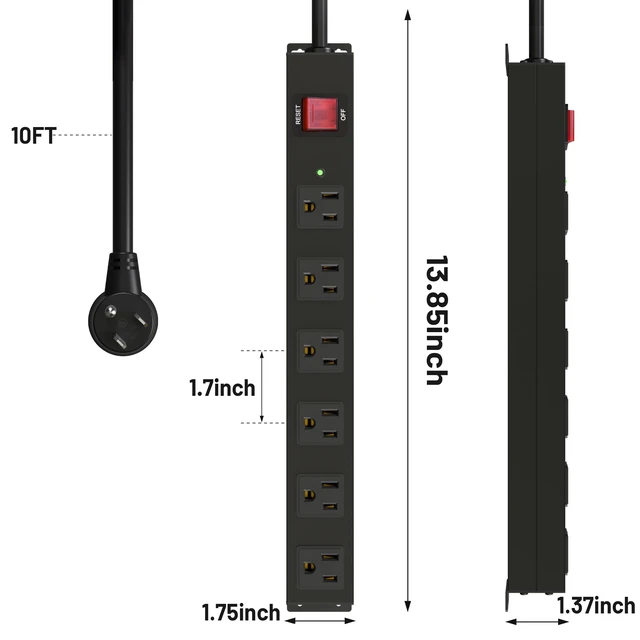 Alt view image 4 of 7 - 6 Outlet Metal Wall Mount Power Strip, 2100J Surge Protection Heavy Duty Power Strip, 15A/1875W Mountable Power Strips with Upgraded Switch, 14AWG 10FT Power Cord, Black