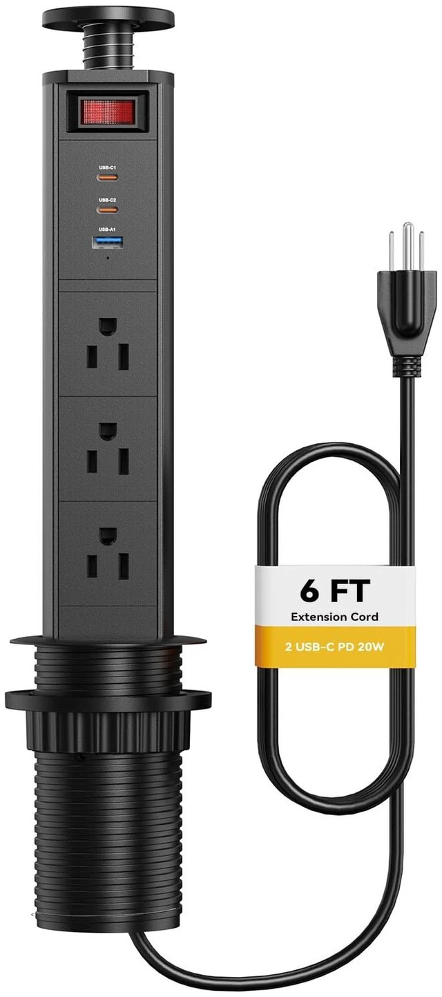 Main image of Pull Up Power Outlet for Countertop with Switch, 3 AC Outlets, 2 USB-C 20W