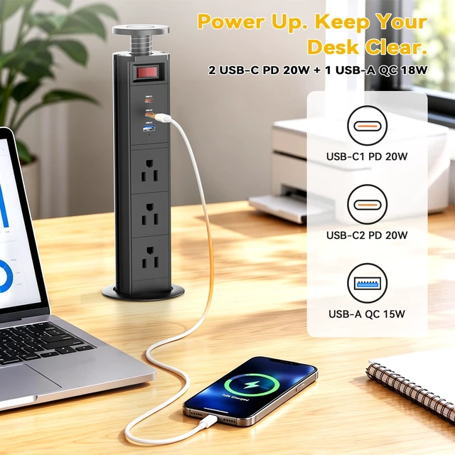 Alt view image 2 of 7 - Pull Up Power Outlet for Countertop with Switch, 3 AC Outlets, 2 USB-C 20W