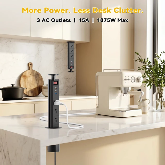 Alt view image 3 of 7 - Pull Up Power Outlet for Countertop with Switch, 3 AC Outlets, 2 USB-C 20W