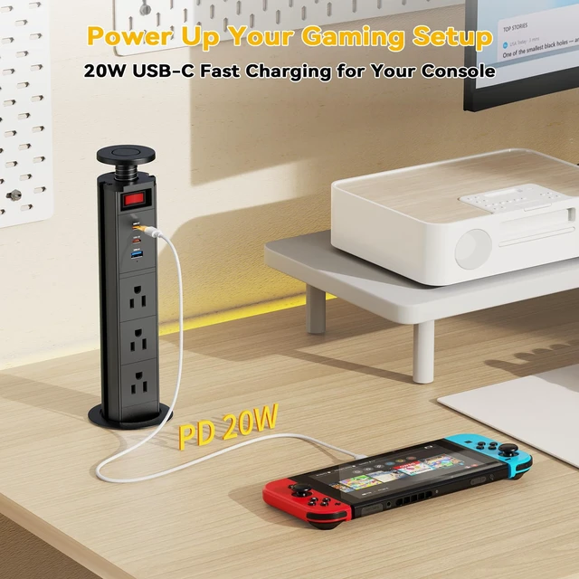 Alt view image 4 of 7 - Pull Up Power Outlet for Countertop with Switch, 3 AC Outlets, 2 USB-C 20W