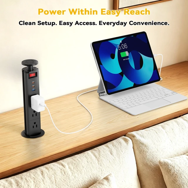 Alt view image 5 of 7 - Pull Up Power Outlet for Countertop with Switch, 3 AC Outlets, 2 USB-C 20W
