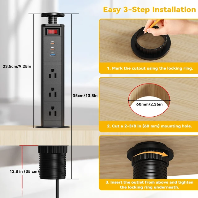 Alt view image 7 of 7 - Pull Up Power Outlet for Countertop with Switch, 3 AC Outlets, 2 USB-C 20W