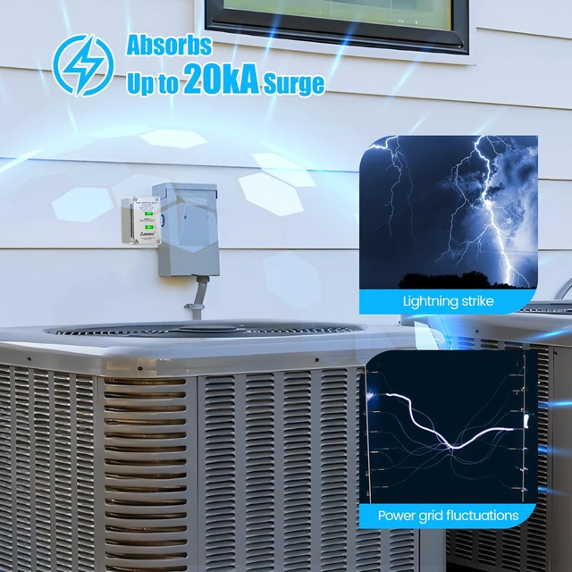 Alt view image 2 of 7 - HVAC Surge Protector, 120/240VAC Universal Air Conditioner Surge Protective Device with 20kA Surge Absorption, Dual LED Indicators, 3 Type of Protection to Protect HVAC Systems