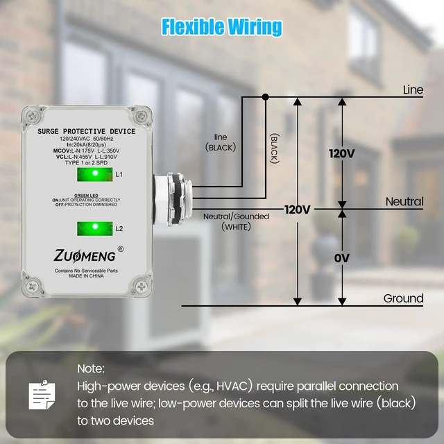 Alt view image 3 of 7 - HVAC Surge Protector, 120/240VAC Universal Air Conditioner Surge Protective Device with 20kA Surge Absorption, Dual LED Indicators, 3 Type of Protection to Protect HVAC Systems
