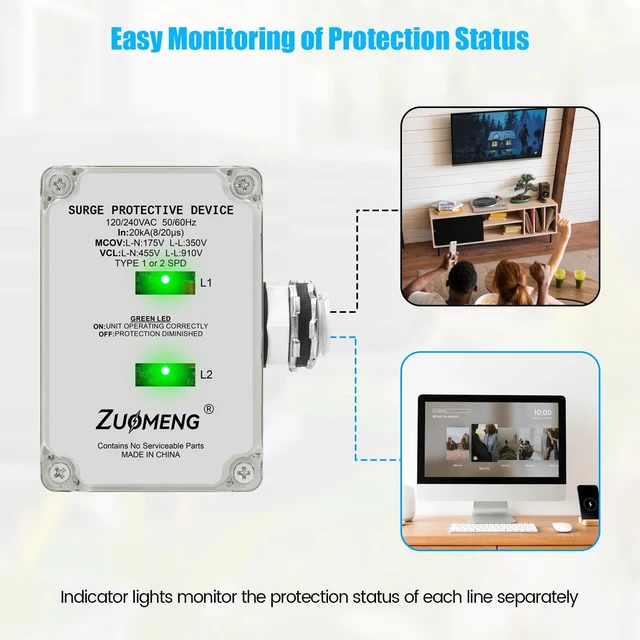 Alt view image 5 of 7 - HVAC Surge Protector, 120/240VAC Universal Air Conditioner Surge Protective Device with 20kA Surge Absorption, Dual LED Indicators, 3 Type of Protection to Protect HVAC Systems