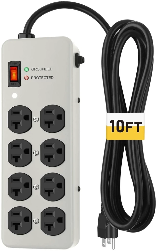Main image of 20A Heavy Duty Power Strip Surge Protector,Gray,12 Gauge,8AC/10FT Metal Surge Protector with 1200J,Wall Mountable 5-15P to 5-20R T-Slot Outlet for Appliance,Workshop,Industrial,High Amp