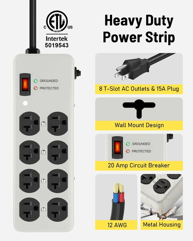 Alt view image 2 of 7 - 20A Heavy Duty Power Strip Surge Protector,Gray,12 Gauge,8AC/10FT Metal Surge Protector with 1200J,Wall Mountable 5-15P to 5-20R T-Slot Outlet for Appliance,Workshop,Industrial,High Amp