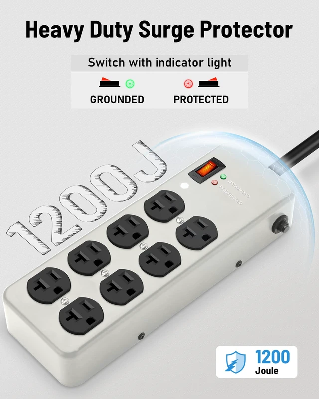 Alt view image 3 of 7 - 20A Heavy Duty Power Strip Surge Protector,Gray,12 Gauge,8AC/10FT Metal Surge Protector with 1200J,Wall Mountable 5-15P to 5-20R T-Slot Outlet for Appliance,Workshop,Industrial,High Amp