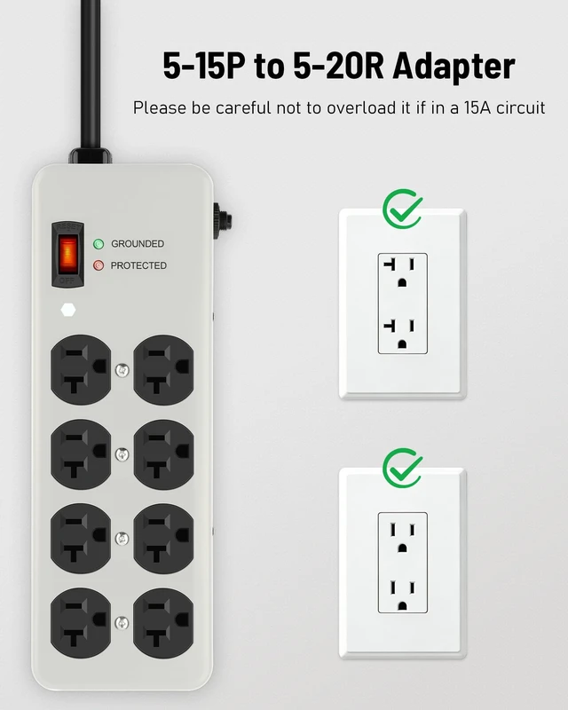Alt view image 4 of 7 - 20A Heavy Duty Power Strip Surge Protector,Gray,12 Gauge,8AC/10FT Metal Surge Protector with 1200J,Wall Mountable 5-15P to 5-20R T-Slot Outlet for Appliance,Workshop,Industrial,High Amp