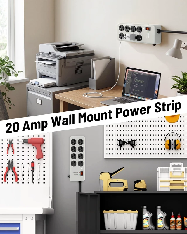 Alt view image 5 of 7 - 20A Heavy Duty Power Strip Surge Protector,Gray,12 Gauge,8AC/10FT Metal Surge Protector with 1200J,Wall Mountable 5-15P to 5-20R T-Slot Outlet for Appliance,Workshop,Industrial,High Amp