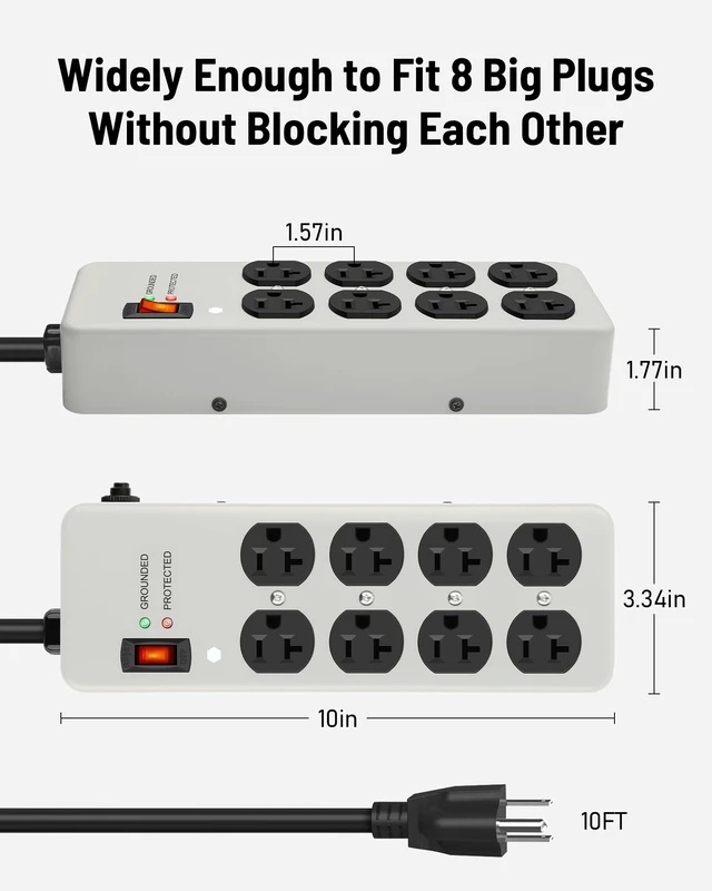 Alt view image 7 of 7 - 20A Heavy Duty Power Strip Surge Protector,Gray,12 Gauge,8AC/10FT Metal Surge Protector with 1200J,Wall Mountable 5-15P to 5-20R T-Slot Outlet for Appliance,Workshop,Industrial,High Amp
