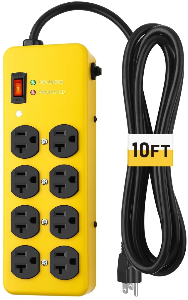Main image of 20A Heavy Duty Power Strip Surge Protector,Yellow,12 Gauge,8AC/10FT Metal Surge Protector with 1200J,Wall Mountable 5-15P to 5-20R T-Slot Outlet for Appliance,Workshop,Industrial,High Amp