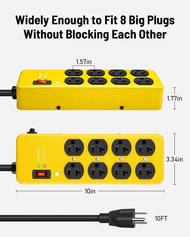 Alt view image 7 of 7 - 20A Heavy Duty Power Strip Surge Protector,Yellow,12 Gauge,8AC/10FT Metal Surge Protector with 1200J,Wall Mountable 5-15P to 5-20R T-Slot Outlet for Appliance,Workshop,Industrial,High Amp
