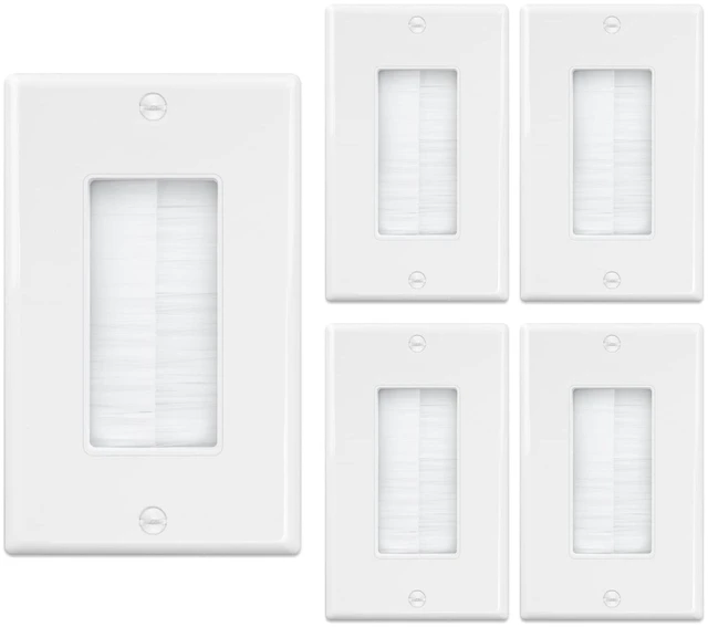 Main image of Brush Wall Plate (5 Pack), Cable Pass Through Plate, White Insert for Low Voltage Cables Wires, Single Gang Cable Access Strap, Wall Socket for HDTV, Home Theater Systems