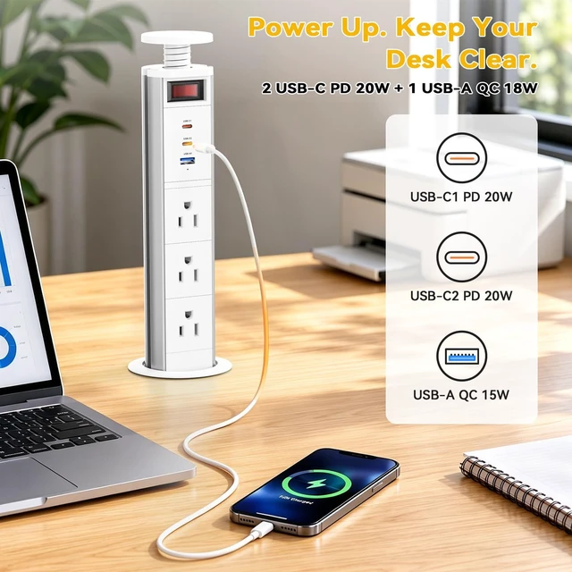 Alt view image 2 of 7 - Pop Up Outlet for Countertop with Switch, 3 AC Outlets, 2 USB-C 20W Pull up Power Outlet, for Kitchen Conference Office, 2-3/8" Hole, 6FT Cord