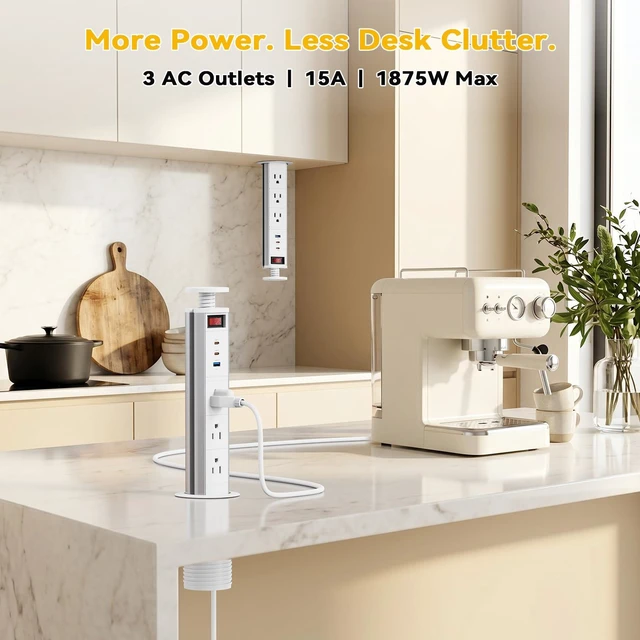 Alt view image 3 of 7 - Pop Up Outlet for Countertop with Switch, 3 AC Outlets, 2 USB-C 20W Pull up Power Outlet, for Kitchen Conference Office, 2-3/8" Hole, 6FT Cord