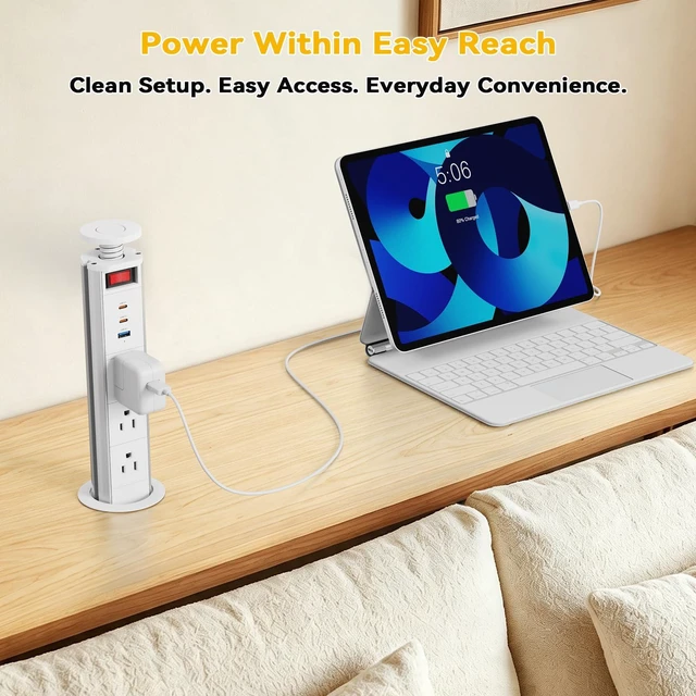 Alt view image 5 of 7 - Pop Up Outlet for Countertop with Switch, 3 AC Outlets, 2 USB-C 20W Pull up Power Outlet, for Kitchen Conference Office, 2-3/8" Hole, 6FT Cord