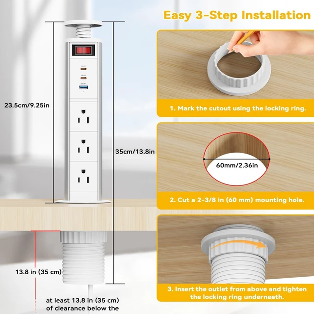 Alt view image 7 of 7 - Pop Up Outlet for Countertop with Switch, 3 AC Outlets, 2 USB-C 20W Pull up Power Outlet, for Kitchen Conference Office, 2-3/8" Hole, 6FT Cord