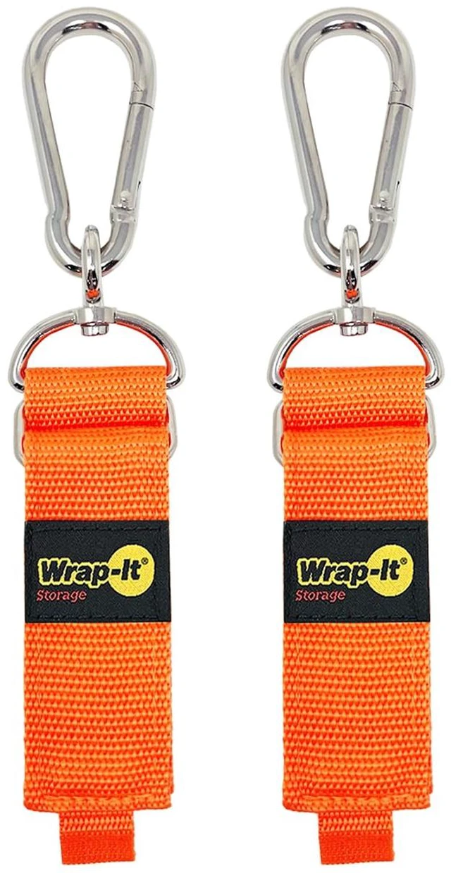 Main image of Hook 'n Hang Straps - 12" (2-Pack) Blaze Orange Carabiner Straps to Use as Extension Cord Holder for Cord Storage or Garden Hose Strap