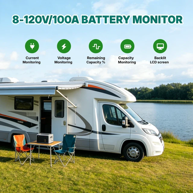 Alt view image 3 of 7 - AILI Battery Monitor with Shunt, 8-120V 0-100A Voltage Current Meter, State of Charge Display up to 999AH, Compatible with LiFePO4 Lithium AGM Gel for RV Camper Caravan Boat Solar Off-Grid