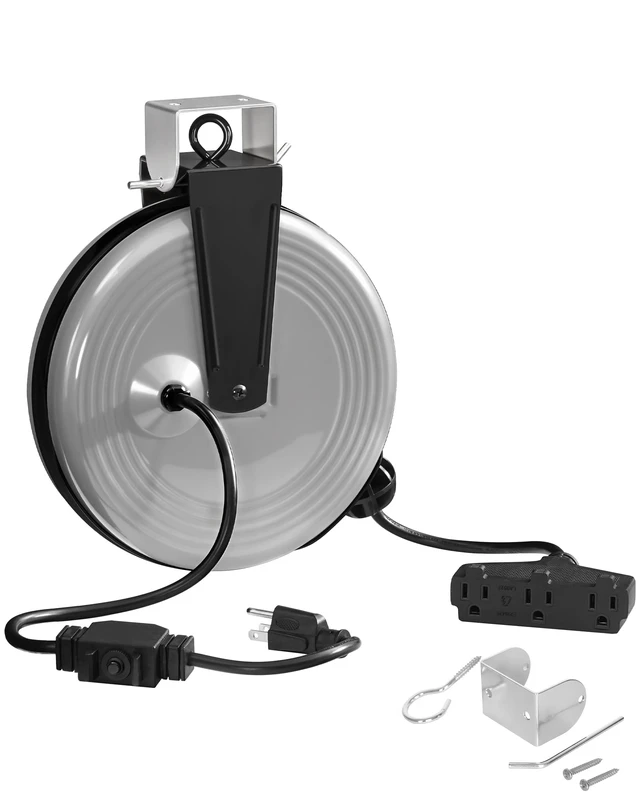 Main image of 30 Ft Retractable Extension Cord Reel, 16/3 Gauge SJTOW Power Cord with 3 Electrical Outlets Pigtail for Garage and Shop, 10 Amp Circuit Breaker, Metal Plate, UL Listed, Grey H30ACR06