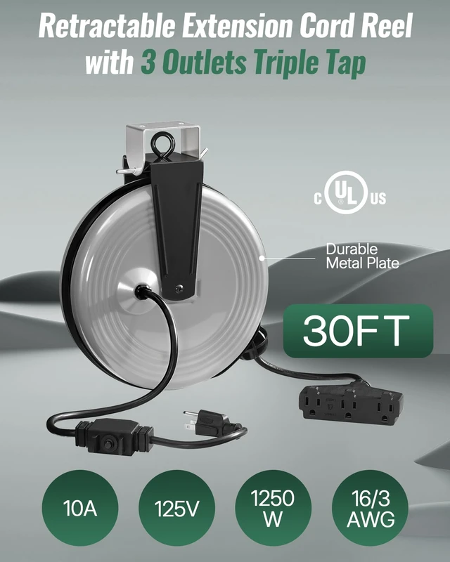 Alt view image 2 of 7 - 30 Ft Retractable Extension Cord Reel, 16/3 Gauge SJTOW Power Cord with 3 Electrical Outlets Pigtail for Garage and Shop, 10 Amp Circuit Breaker, Metal Plate, UL Listed, Grey H30ACR06