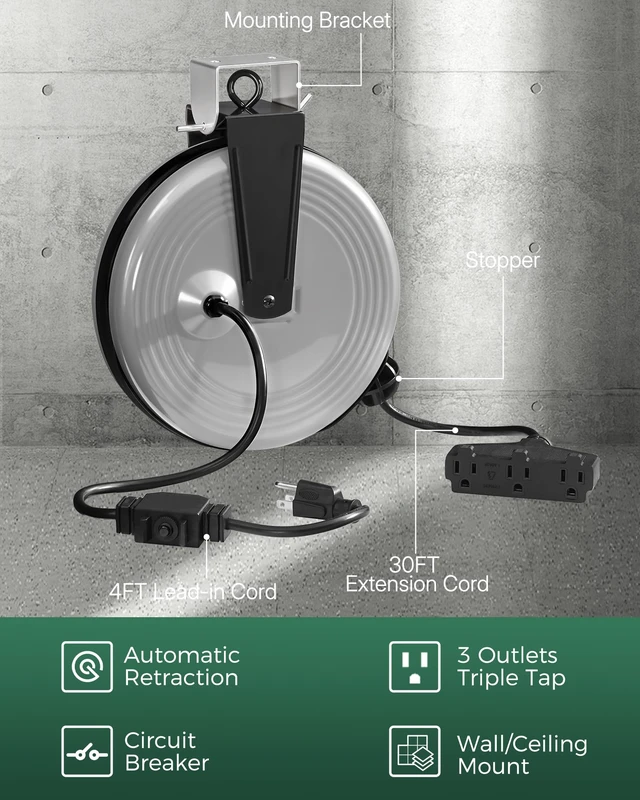 Alt view image 3 of 7 - 30 Ft Retractable Extension Cord Reel, 16/3 Gauge SJTOW Power Cord with 3 Electrical Outlets Pigtail for Garage and Shop, 10 Amp Circuit Breaker, Metal Plate, UL Listed, Grey H30ACR06