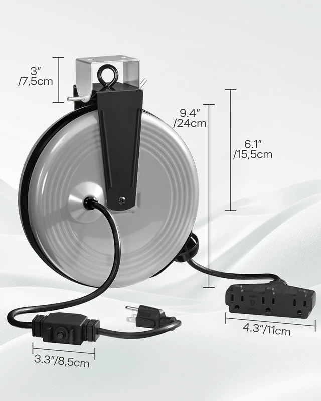 Alt view image 5 of 7 - 30 Ft Retractable Extension Cord Reel, 16/3 Gauge SJTOW Power Cord with 3 Electrical Outlets Pigtail for Garage and Shop, 10 Amp Circuit Breaker, Metal Plate, UL Listed, Grey H30ACR06