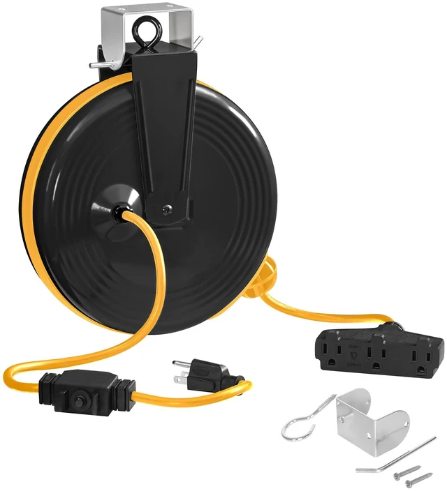 Main image of 30 Ft Retractable Extension Cord Reel, 16/3 Gauge SJTOW Power Cord with 3 Electrical Outlets Pigtail for Garage and Shop, 10 Amp Circuit Breaker, Metal Plate, UL Listed, Yellow Y30ACR06