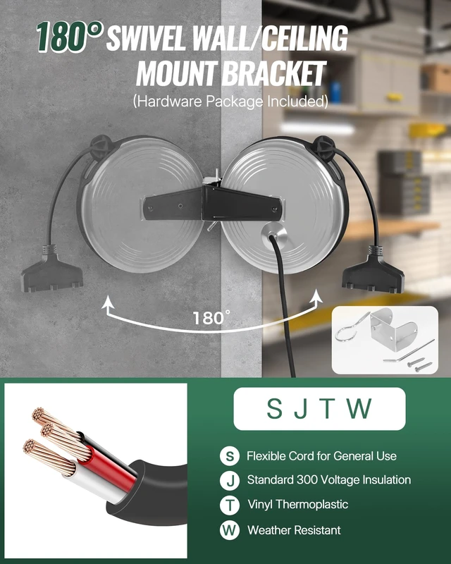 Alt view image 7 of 7 - 30 Ft Retractable Extension Cord Reel, 16/3 Gauge SJTOW Power Cord with 3 Electrical Outlets Pigtail for Garage and Shop, 10 Amp Circuit Breaker, Metal Plate, UL Listed, Grey H30ACR06