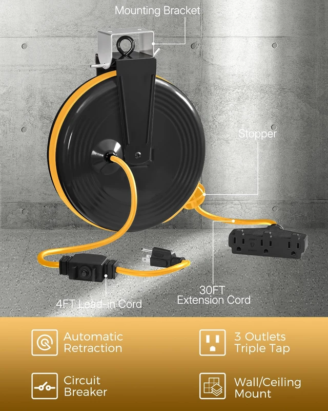 Alt view image 3 of 7 - 30 Ft Retractable Extension Cord Reel, 16/3 Gauge SJTOW Power Cord with 3 Electrical Outlets Pigtail for Garage and Shop, 10 Amp Circuit Breaker, Metal Plate, UL Listed, Yellow Y30ACR06