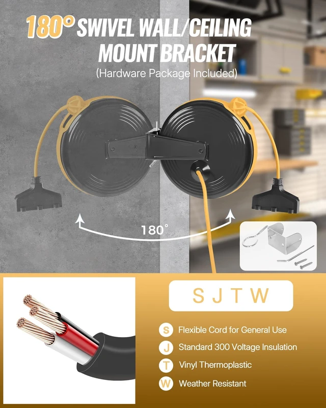 Alt view image 7 of 7 - 30 Ft Retractable Extension Cord Reel, 16/3 Gauge SJTOW Power Cord with 3 Electrical Outlets Pigtail for Garage and Shop, 10 Amp Circuit Breaker, Metal Plate, UL Listed, Yellow Y30ACR06