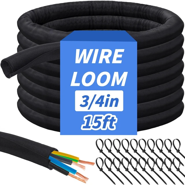 Main image of 15ft - 3/4in Split Braided Sleeve Cable Management, Self-Wrapping Flexible loom tubing protects wires from abrasion and heat. Great for automotive, TV, computer, and home electrical use