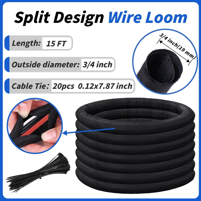 Alt view image 2 of 7 - 15ft - 3/4in Split Braided Sleeve Cable Management, Self-Wrapping Flexible loom tubing protects wires from abrasion and heat. Great for automotive, TV, computer, and home electrical use