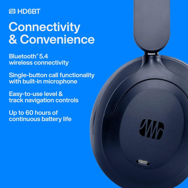 Alt view image 4 of 7 - Eris HD6BT Over-Ear Closed-Back Wireless Headphones, Bluetooth, ANC Noise Cancelling, Up to 60 Hours Battery Life, Studio Headphones for Mixing, Monitoring, Recording, Midnight Blue