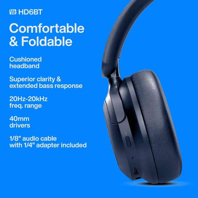 Alt view image 5 of 7 - Eris HD6BT Over-Ear Closed-Back Wireless Headphones, Bluetooth, ANC Noise Cancelling, Up to 60 Hours Battery Life, Studio Headphones for Mixing, Monitoring, Recording, Midnight Blue