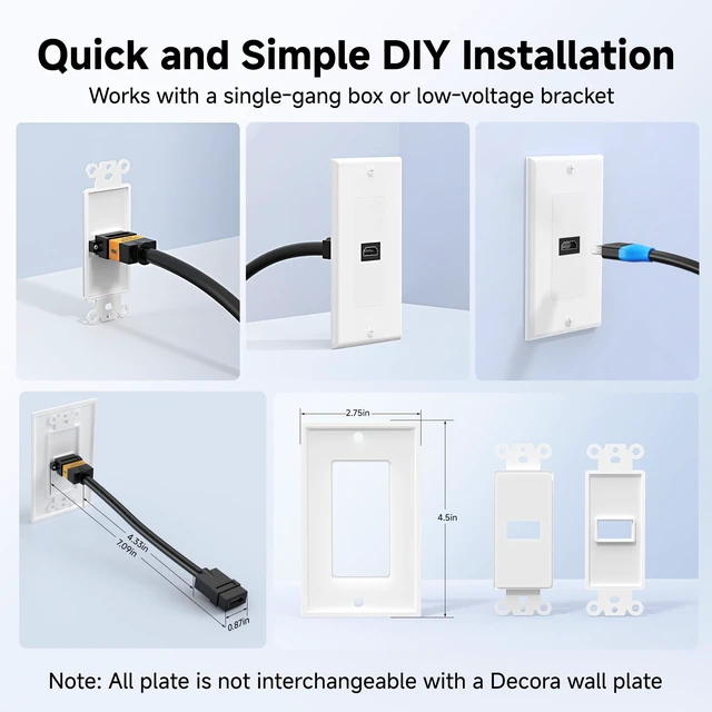 Alt view image 5 of 7 - 2-Pack 1-Port 4K HDMI Wall Plate, White 4K@60Hz UHD ARC and Ethernet Pass-Thru Support