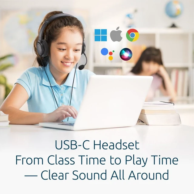 Alt view image 2 of 7 - Classic EQ USB-C Headset with Mic and Volume Control, 6 ft (1.8m) Nylon Braided Cord, for School, Kids, Adults, Padded Adjustable Headband, Black (K97464WW)