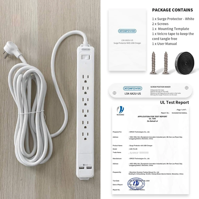Alt view image 6 of 7 - Surge Protector Power Strip, Flat Plug Power Strip Long Cord, 15 ft Long Extension Cord, 7 Outlets Desktop Charging Station, 1080 Joule, 15 A Circuit Breaker for Home, Office White